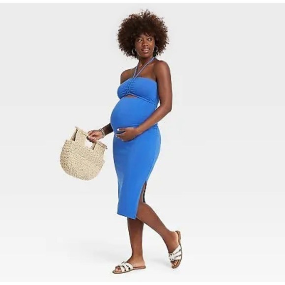 Isabel Maternity Cut Out Halter Bodycon Maternity Dress Blue - Picture 2 of 9